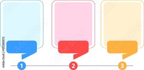 3ステップ構成の吹き出し型インフォグラフィック横並びレイアウト｜番号付きタイムライン風ビジネス説明テンプレート・プレゼン資料やWeb解説に使えるカラフルデザイン素材