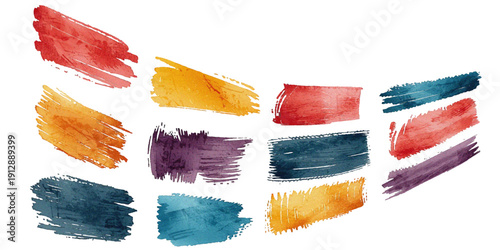  colorful abstract Paint Brush Stroke Set art piece featuring various brush strokes of green, blue, and brown hues on a white background.