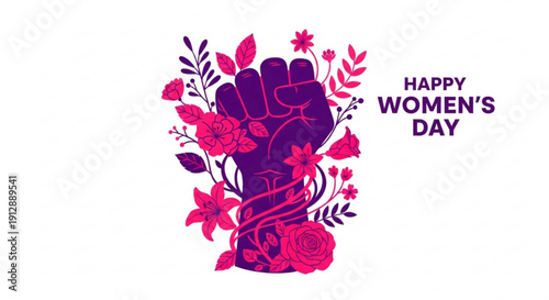 Vibrant purple hand with pink flowers celebrating happy women's day on white background with bold typography