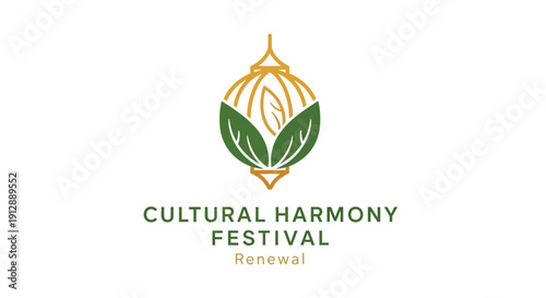 Cultural Harmony Festival Logo Design with Abstract Lantern and Leaves.