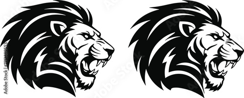Stylized black and white vector illustration of lion head profile, bold mane lines and fierce open mouth symbolizing strength and leadership
