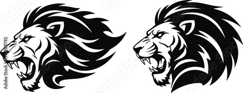 Stylized black and white vector illustration of lion head profiles, bold mane lines and fierce expressions symbolizing strength and aggression
