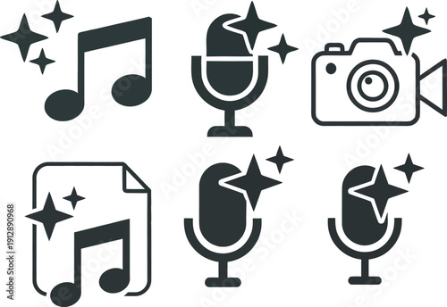 Multimedia and music icons with sparkles