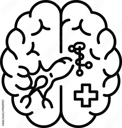 Simple line drawing of a brain with a medical cross and neural connections.