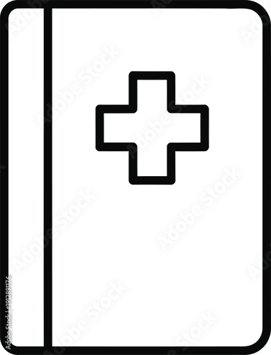 A simple line drawing of a book with a medical cross on the cover.
