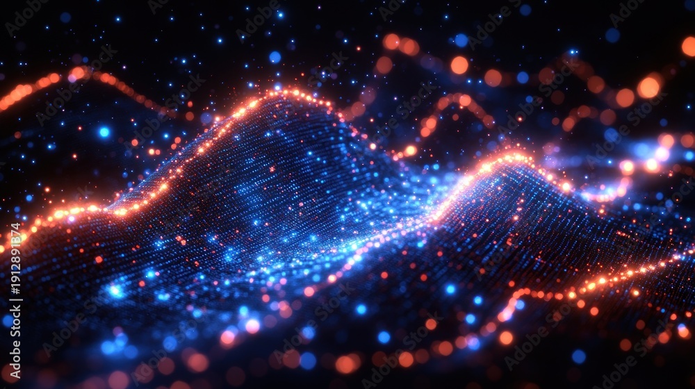 Fototapeta premium Vibrant digital waves of light create a mesmerizing illusion of motion in a cosmic realm
