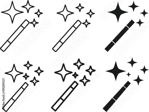 Black and white illustration of magic wands with sparkling stars
