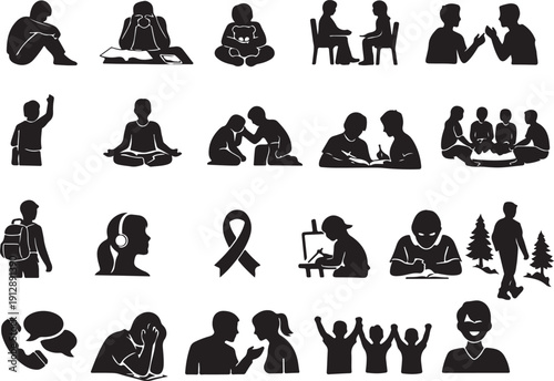 Diverse Vector Silhouettes Collection: People Icons for Mental Health, Education, Communication, Stress, Support, and Social Activities Graphics Bundle.