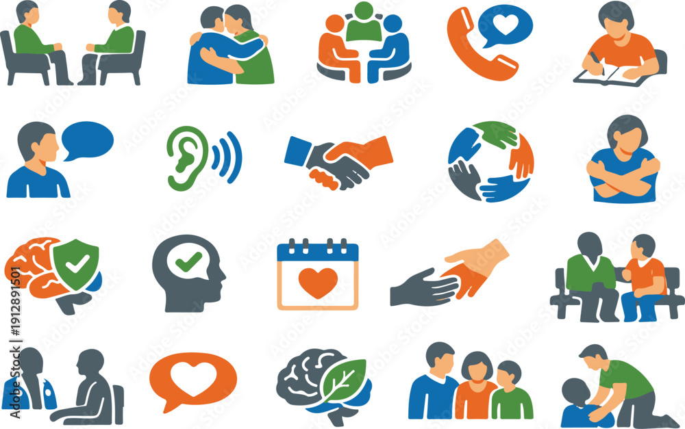 Fototapeta premium Comprehensive Mental Health, Therapy, and Support Icon Set: Flat Vector Illustrations for Counseling, Communication, Empathy, and Psychological Well-being Services and Awareness.