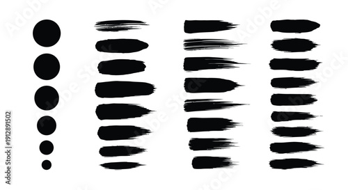 Collection of various black ink brush strokes and circular dots providing diverse artistic elements for graphic design projects.