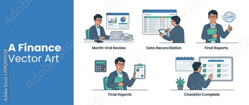 Set of 4 vector illustrations of a finance manager performing month-end closing tasks including data reconciliation, reviewing reports, final accounting audits, and completing task checklists.