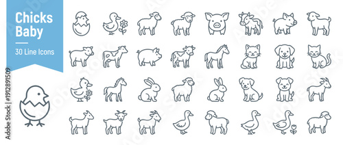 30 Baby Farm Animal and Chick Line Icons Set. Modern Rounded Outline Vector Graphics of Lambs, Piglets, Calves, Foals, Kittens, Puppies, Bunnies, Kids, Ducklings, and Geese for Spring Designs.