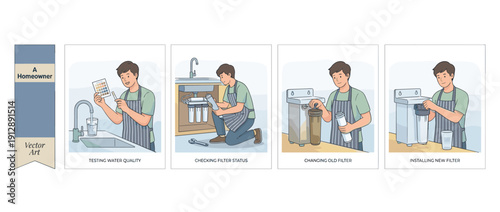 Set of four vector illustrations showing a homeowner testing water quality with a kit, checking under-sink filtration status, removing a dirty filter, and installing a new clean water filter