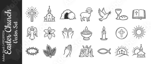 Easter Church Icon Set with Hand-Drawn Christian Symbols including Cross, Empty Tomb, Lamb of God, Dove, Bible, Communion, Angel, Lily, Praying Hands, Crown of Thorns, Palm, and Calvary Sunrise.