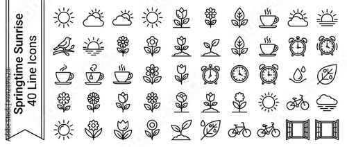 Springtime Sunrise and Morning Line Icon Set: 40 Monoline Outline Vector Icons Featuring Sun, Clouds, Flowers, Coffee Cups, Alarm Clocks, Birds, Bicycles, and Nature Elements for Graphic Design