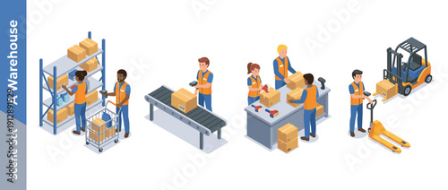 Set of isometric warehouse illustrations featuring workers using handheld scanners for order fulfillment, picking from shelves, packing boxes at tables, and managing logistics with forklifts.
