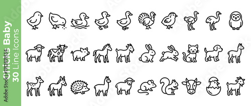 Vector Line Icon Set of 30 Chicks and Baby Farm Animals in Spring. Modern Rounded Line Icons of Duckling, Piglet, Lamb, Calf, Foal, Bunny, Kitten, Puppy, Owl, Hedgehog, and Hatching Egg.
