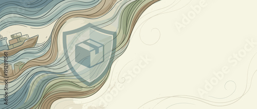 Stylized vector banner for maritime shipping insurance and cargo protection showing a shield icon with a box over wavy water with a freight ship and containers on a textured beige background.