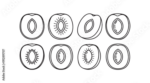Plum Halves Line Drawing, Simple Fruit Illustration, Isolated on White Background, Stock Media