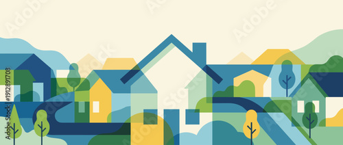 Panoramic vector banner illustration of a modern real estate neighborhood with colorful geometric house outlines, suburban community landscape, property development and residential housing concept