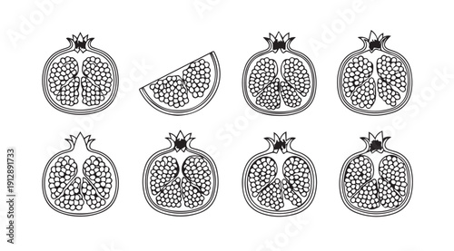 Pomegranate Halves and Slice Line Art Pattern, Isolated on White Background
