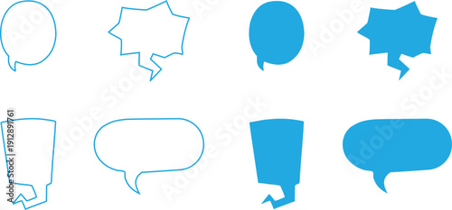 Blue speech bubble icon set with outline and solid chat shapes. Modern dialog balloons for messaging apps, social media, or web design projects. Clean flat communication symbols collection isolated.
