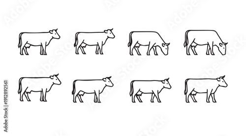 Set of eight cow icons in different poses and angles on white background