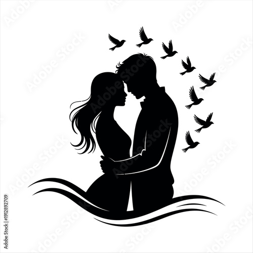 A couple embracing with birds flying around them, Vector