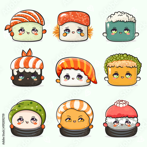 Collection of cute kawaii happy sushi characters