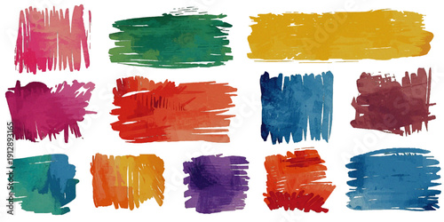  colorful abstract Paint Brush Stroke Set art piece featuring various brush strokes of green, blue, and brown hues on a white background.