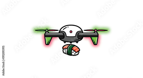Drone delivering sushi roll with glowing propellers.