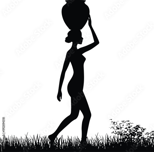 African woman silhouette carrying clay pot on head, rural village lifestyle vector illustration isolated on white background