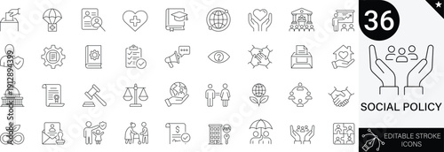 Social Policy Icons Set. Welfare, Human Rights, Equality, Justice, Law, and Protection Symbols. 36 Professional Line Icons with Editable Stroke. Perfect for Government and NGO Projects.