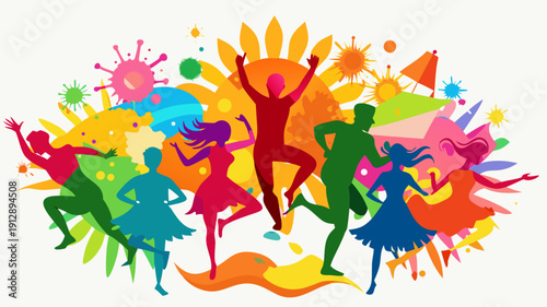 Colorful silhouettes of dancing people celebrating party with bright abstract splashes and sunburst elements in dynamic festival composition