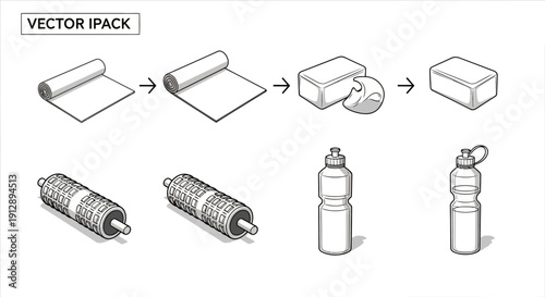 Isometric Yoga Mat Rolling and Water Bottle Unfolding Process Steps