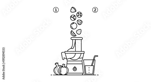Juicer making fresh fruit and vegetable juice with onions and glass of drink