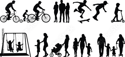 Active family silhouettes collection, parents and children biking skateboarding scootering walking and playing isolated on white background illustration