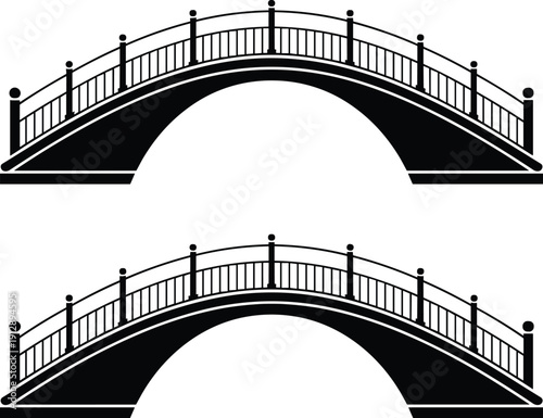 Arch bridge silhouette vector illustration, classic pedestrian footbridge design isolated black and white architectural structure icon template