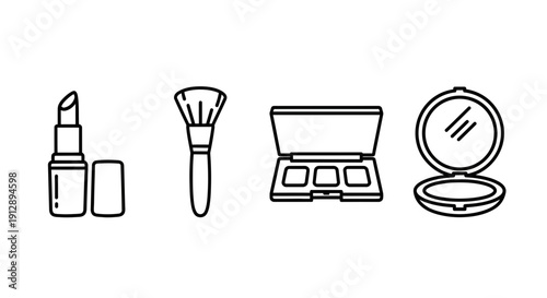 Makeup Cosmetics Icons: Lipstick, Brush, Eyeshadow Palette, Compact Mirror