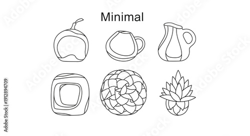 Minimalist Line Art Icons: Abstract Shapes, Fruit, and Plants