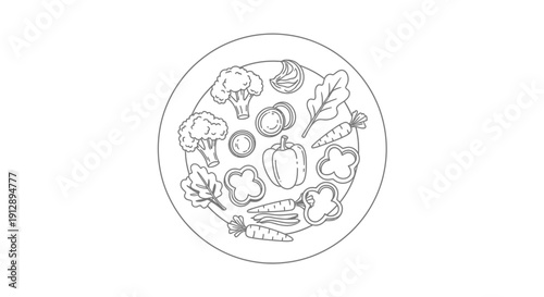 Healthy Fresh Vegetables Plate Line Art Illustration - Broccoli, Carrot, Pepper, Onion, Spinach