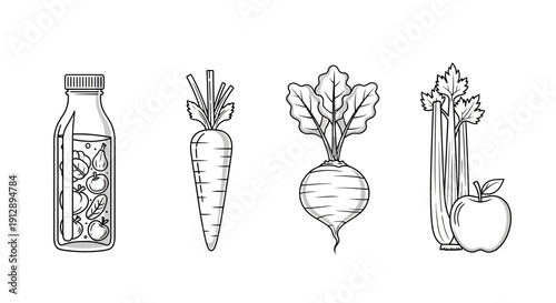 Healthy Fresh Juice Bottle with Carrot, Beetroot, and Apple, Celery Ingredients