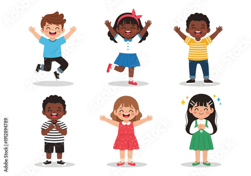 Happy Diverse Kids Character Set. Cute Cartoon Boys and Girls Jumping and Standing with Joyful Expressions. Multicultural Children Vector Illustration for Education and School Design.