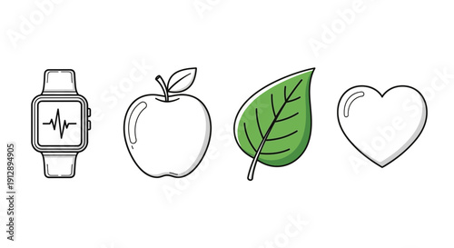 Healthy Lifestyle Icons: Smartwatch, Apple, Leaf, Heart - Health and Wellness Symbols
