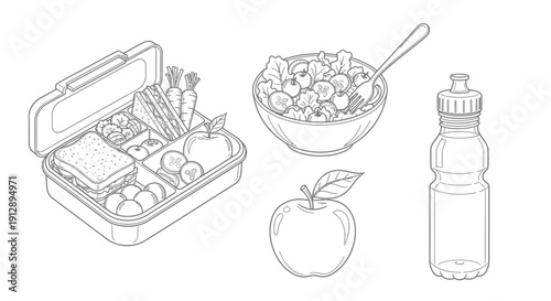 Healthy Lunchbox with Salad, Sandwich, Apple, and Water Bottle - Line Art
