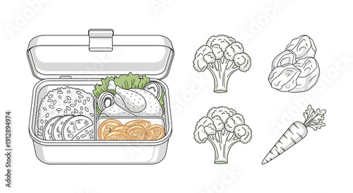 Healthy Lunchbox with Chicken, Rice, Broccoli, and Carrot - Balanced Meal Illustration