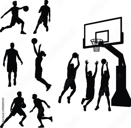 Basketball players silhouettes shooting, dribbling and jumping near hoop, competitive team sport action black vector illustration isolated