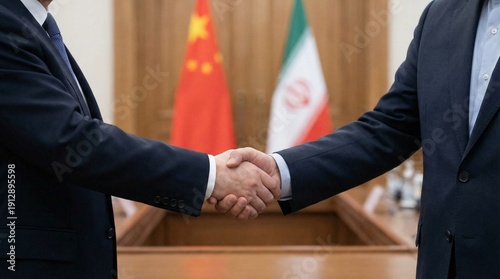 Diplomats concluding a formal international agreement or partnership with a strong handshake symbolizing cooperation between China and Iran.
