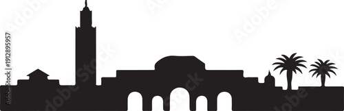 Marrakech skyline silhouette with iconic Koutoubia mosque and palm tree