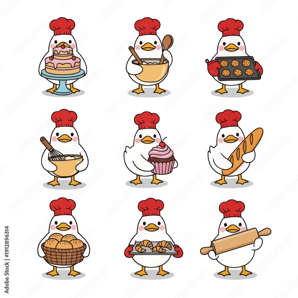 Fototapeta premium Cute Kawaii Duck Chef Character Set. Funny White Duck Baker Mascot with Various Activities like Baking Cake, Cookies, Bread, and Mixing Dough. Vector Sticker Pack for Bakery and Kids Design.